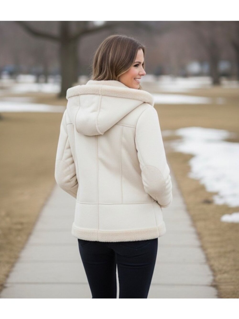 Vintage Hydraulic Hooded Cream Faux Suede & Fur Penny Lane Coat L Y2K 90s Grunge - Picture 7 of 16